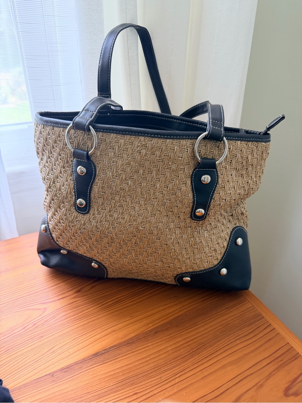 Boho Chic Woven faux Straw Tote Bag with Black Faux Leather Trim